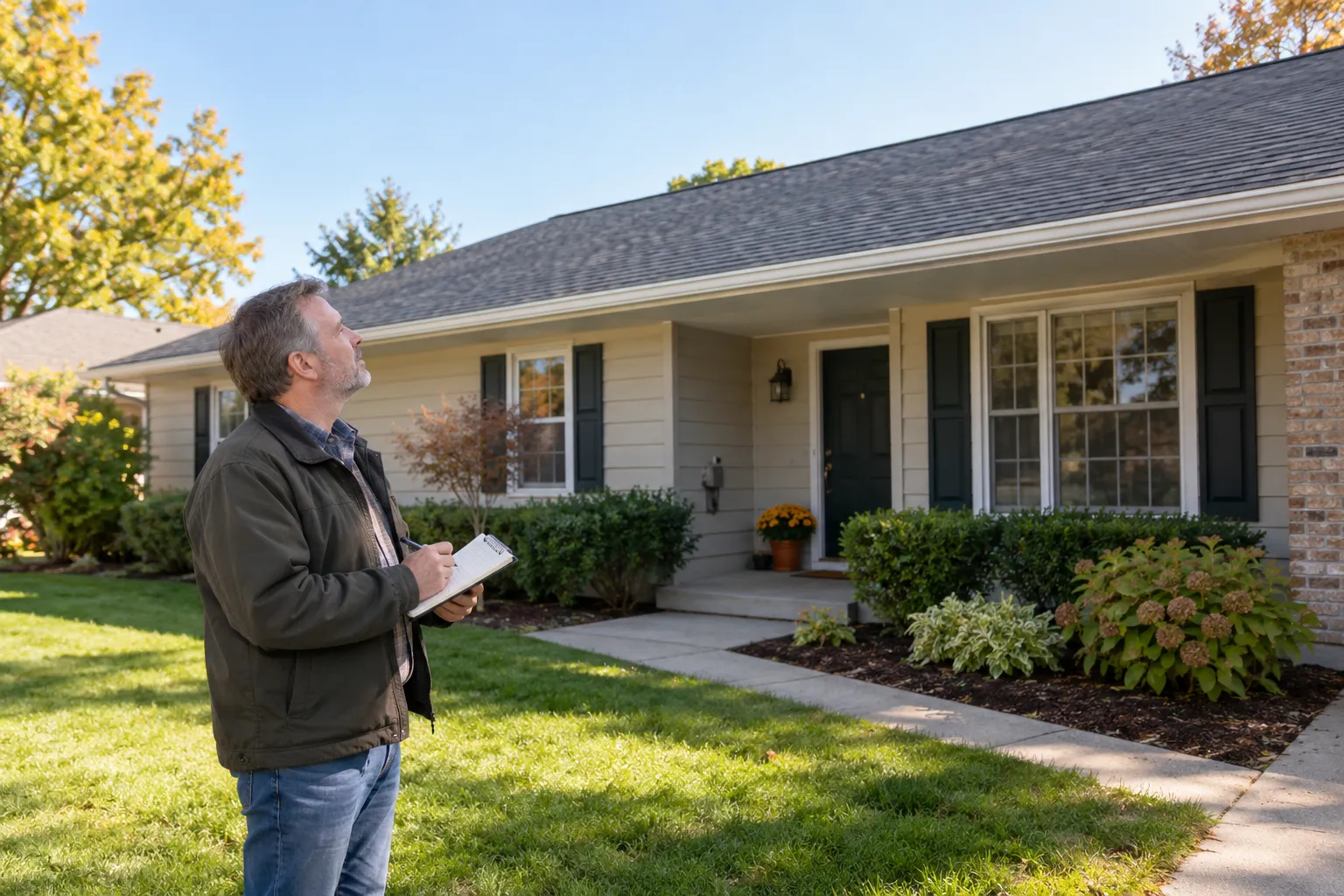 Homeowner checking a shingle roof from the yard in Freeburg