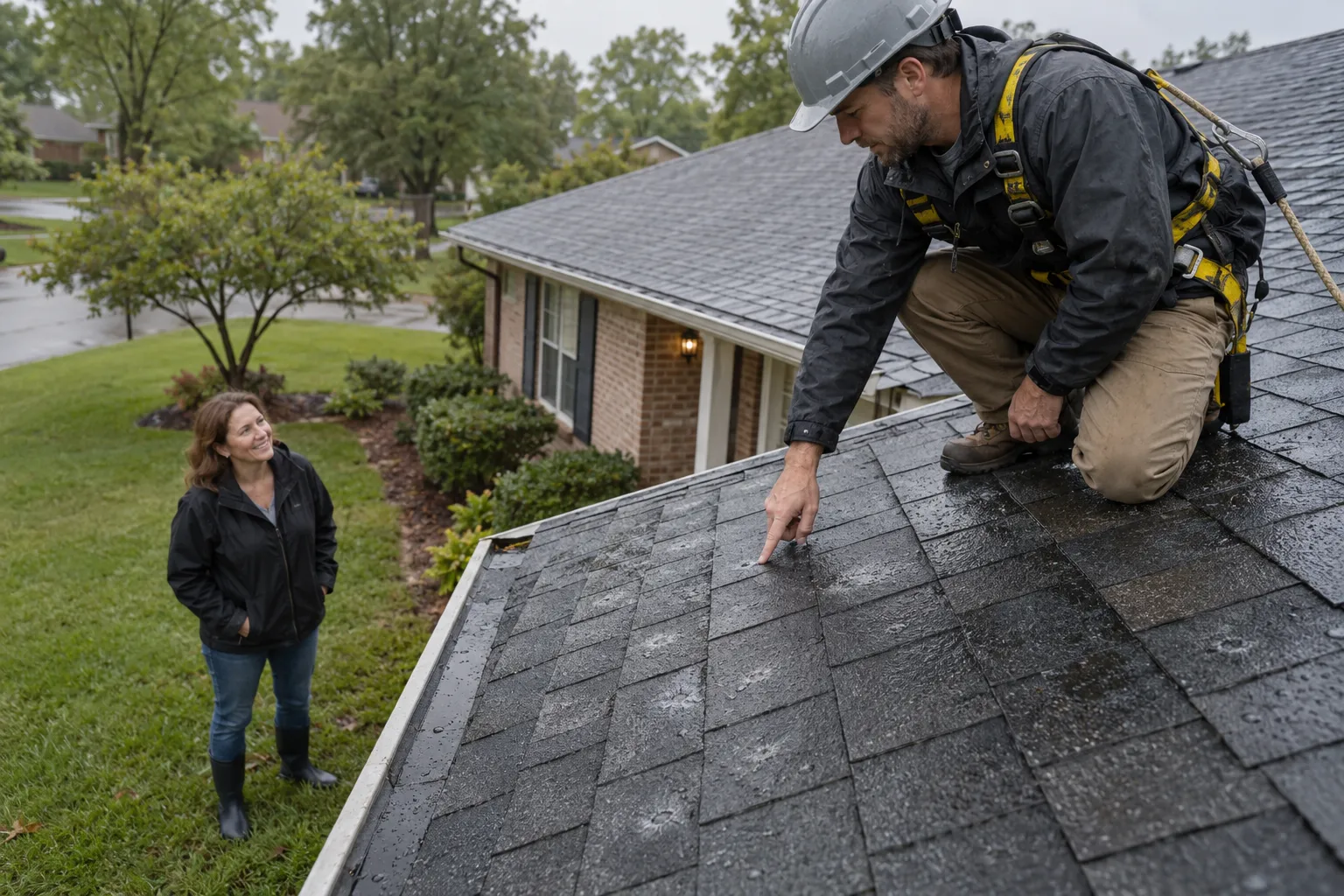 Local roofing provider inspecting hail-marked shingles on a home in Freeburg after a storm